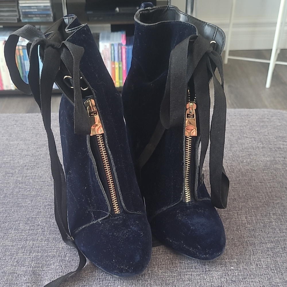 ZARA Velvet Ankle Boots with Ribbon Laces